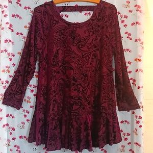 Altar'd State Maroon Velvet Burn Out Flowy Boho Top women's S